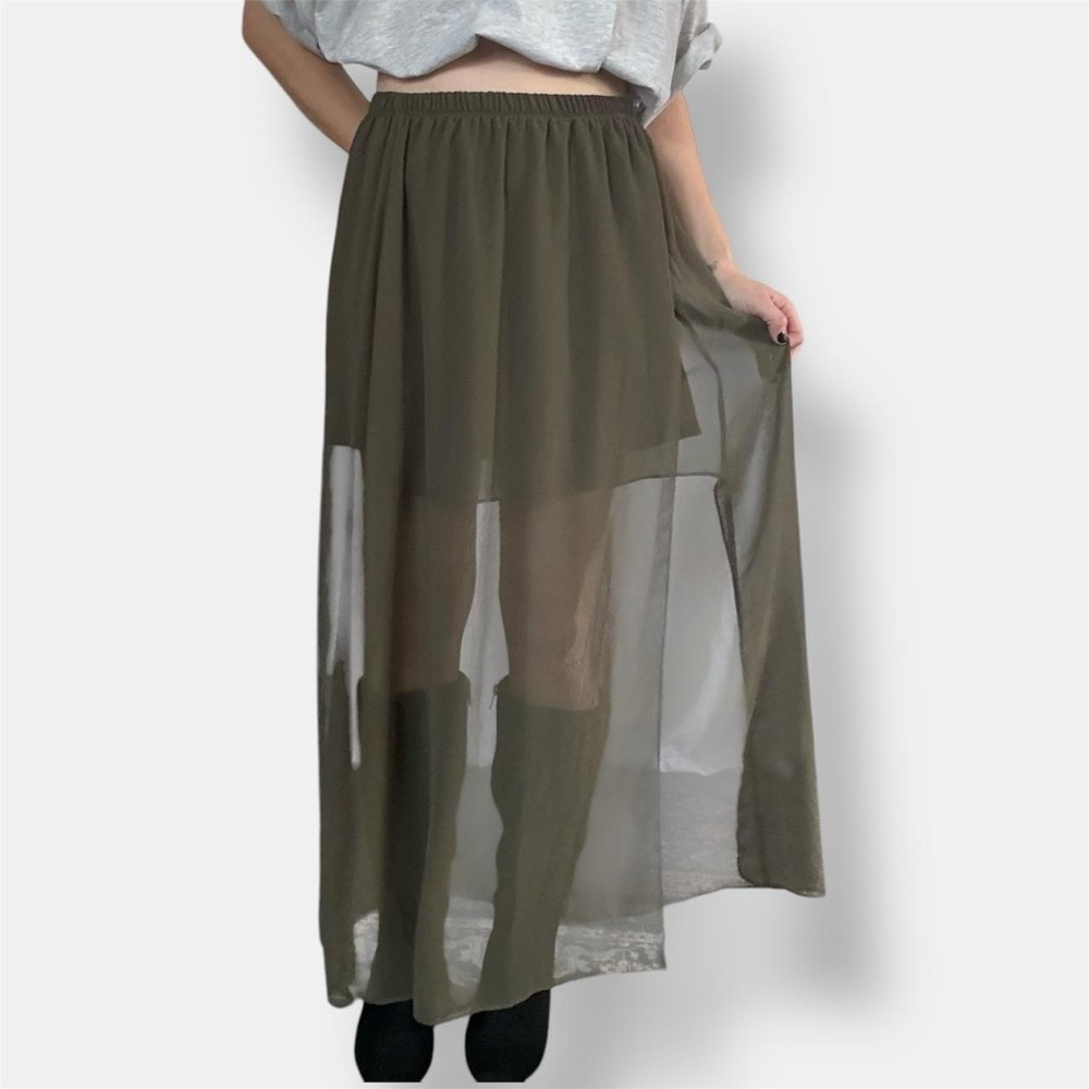 Soprano - Olive green mesh maxi skirt with sheer overlay